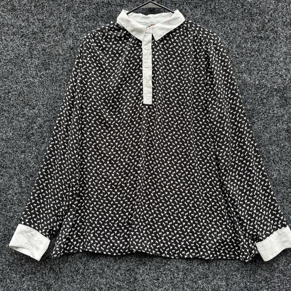 Free People Black White Horse Print Long Sleeve Collared Blouse~Relax Fit~Large - Picture 1 of 6
